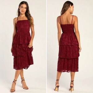Lulus Grace and Beauty Burgundy Burnout Floral Print Tiered Dress Size XL